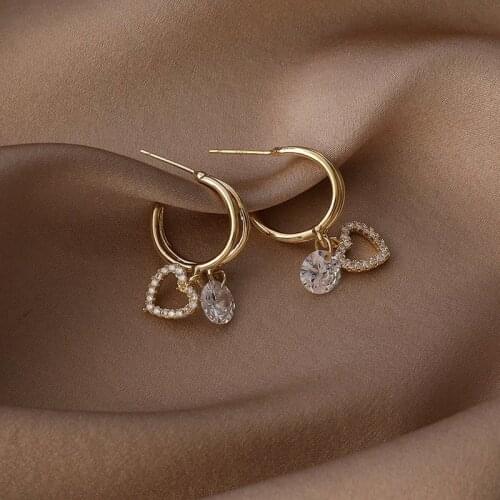 Korean Fashion Double Circle Love Zircon Earrings Girly Temperament Wild Ear Ring Small Love Stud Earrings for Women Girl Gift