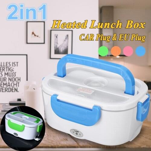 12V-24V 110V 220V Electric Heated Lunch Box Portable 2 in 1 Car& Home US Plug/EU Plug Bento Boxes Stainless Steel Food Container