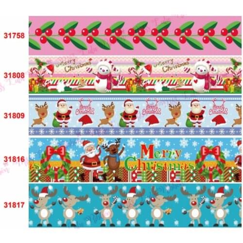 16mm-75mm Merry Christmas Santa Cartoon Animal Print Grosgrain/Had Ribbon DIY Bowknot Party Decoration 50 Yards/Roll