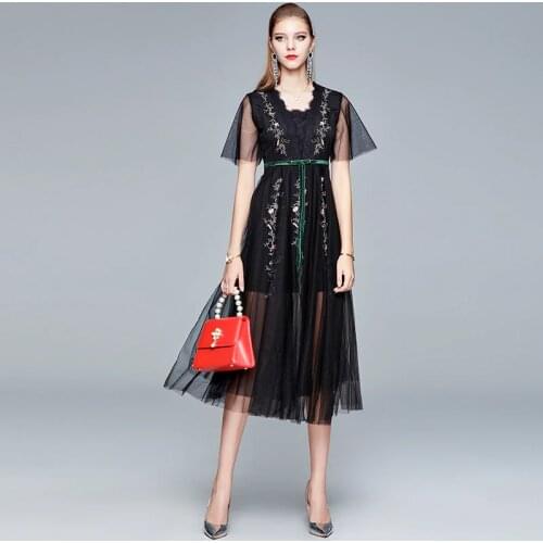 Summer Mesh Chiffon Dresses Embroidery Vintage Mid-Calf Square Collar Sexy Dress Women China Fashion Outfits Women Medium Dress