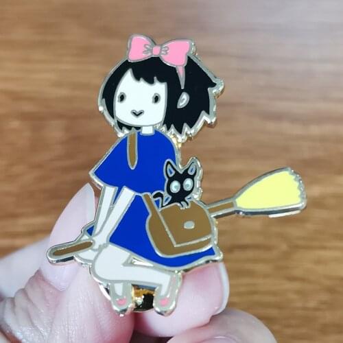Little Witchy girl riding a broom Brooch delivery cat badge majical pins witchcraft jewelry