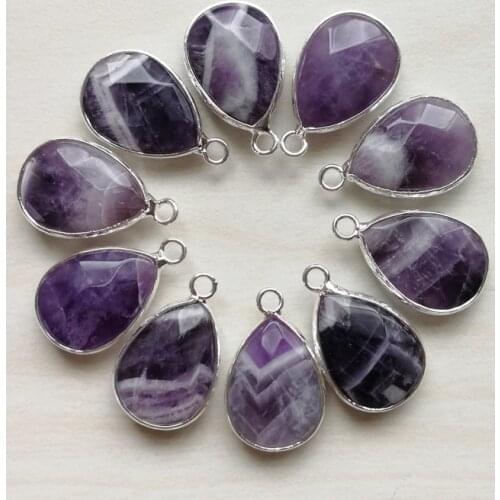 Fashion natural Amethysts stripe stone pendant Charm section water drop for Jewelry Making silvers rim Connector 12pcs wholesale