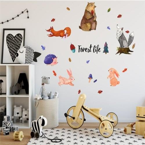 Cartoon Wall Stickers for Kids Rooms Forest Bear Rabbit Fox Animals Home Decals Nursery Kindergarten Baby Room Home Decor DIY
