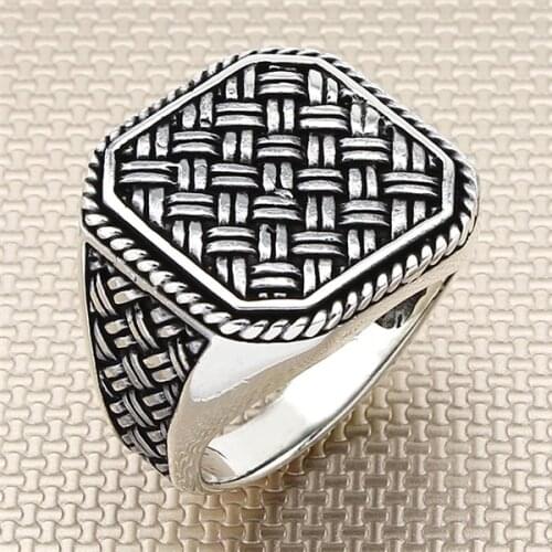 Wicker Square Silver Ring Men Silver Ring Made In Turkey Solid 925 Sterling Silver