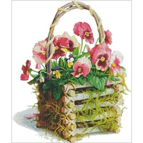 A basket of pink pansy patterns Counted Cross Stitch 11CT 14CT 18CT DIY Chinese Cross Stitch Kits Embroidery Needlework Sets