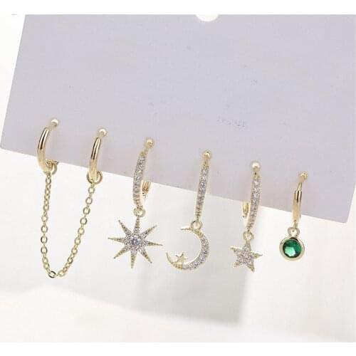 New Set Cute Star And Moon Small Hoop Earrings Sets Crystal Long Gold Chain Earrings For Women Fashion Jewelry Gift 2021