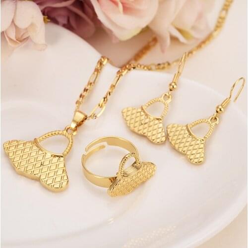 L Gold Color PNG Pendant Necklace figaro chain earrings ring bag for Women,Papua New Guinea Traditional Cultural Jewelry Gift