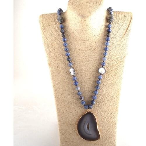 RH Fashion White / Blue Stones Bohemian Tribal Jewelry Handmake Paved and Pearl Knotted Agle Pendant Ethnic Necklace