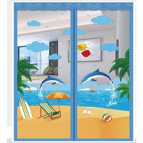 Embroidery Blue Dolphin Summer Anti-Mosquito Fly Bug Insect Magnetic Door Curtain Net Automatic Close Bedroom High Density Mesh