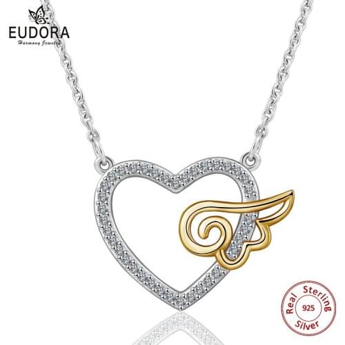 EUDORA Unique 925 Sterling Silver Guardian Angel Heart Chain Necklace For Women teen Fashion Jewelry Birthday love Gift D256