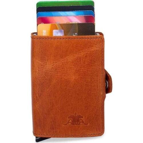 Vintage Crazy Leather Automatic Pop-Up Leather Card Holder Tan with Two Mechanisms