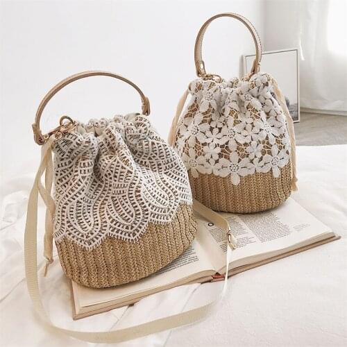2022 New Fashion Summer Beach Straw Bag Female Wild Crossbody Shoulder Handbags Flower Pattern Lace Woven Bucket Bags For Women