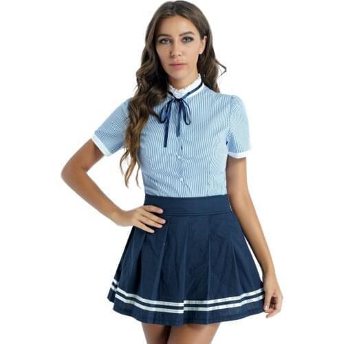 Women Schoolgirl Cosplay Costume Outfits Student Uniform Short Sleeve Bowknot Button Down Striped Shirt with Pleated Skirt