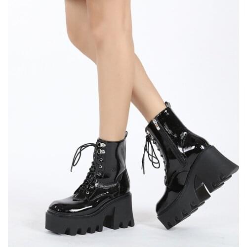 2021Woman Lace Autumn Boots Womens Ladies Chunky Wedge Platform Black Patent Leather Ankle Boots Punk Goth New Arrival