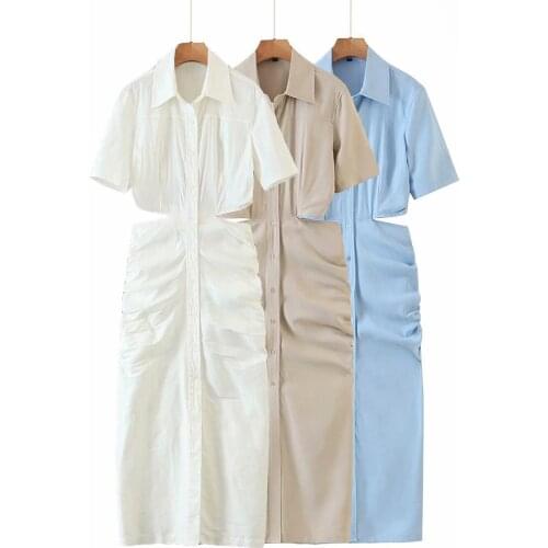 Womens New Back Hollow Short Sleeve Dress Button Lapel Dress