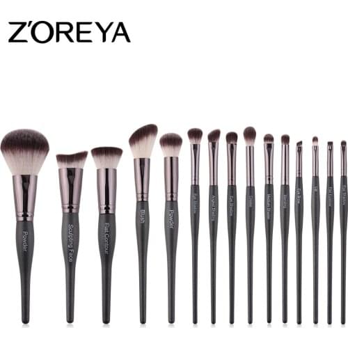 ZOREYA 15pcs Black Makeup Brushes Goat Hair Foundation Blush Eye Blending Contouer Powder Brochas maquillaje Professional Set