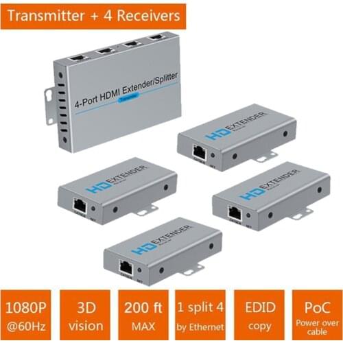1x4 HDMI POE Extender / HDMI Amplifier/HDMI Splitter 60m With No Delay No Loss Over UTP/STP RJ45 CAT5e CAT6 Cable
