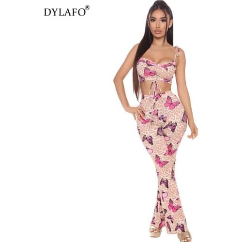 2021 Two Piece Set Womens Wear Western Style Strap Tops + Pants Sexy Stylish Butterfly Digital Print Bandage Wide Leg Outfits