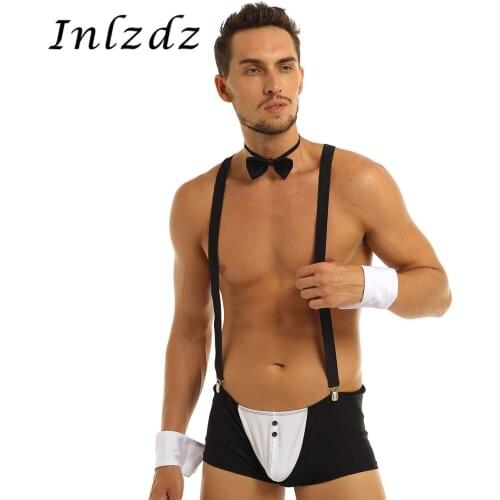 4Pcs Mens Groom Tuxedo Set Boxer Briefs Sexy Lingerie Sex Underwear with Suspender Shoulder Straps Bow Tie Collar and Bracelets