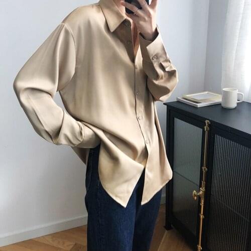 Long Sleeve Turn Down Collar Elegant Office Ladies Blouses Female Button Up Satin Silk Shirt Vintage 2021 New Women Shirts 812H