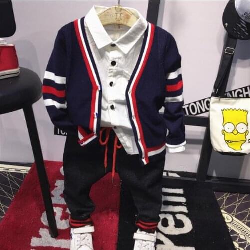 Kids Boy clothes Spring&Autumn fall Baby clothing Boys tracksuits Knit cardigans+shirts+jeans 3pcs Set Children Infants clothing