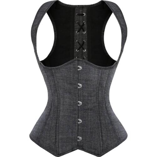 Womens Denim Tight Lace up Boned Cowgirl Corsets Straps Vest Steampunk Plus Size Dance Party Bustier Costumes Underbust Corset
