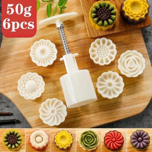 6Pcs/Set 50g Moon Cake Mold Baking Tools Manual DIY Handmade Pastry Mould Round Shape Stainless Steel/ABS Kitchen Gadgets