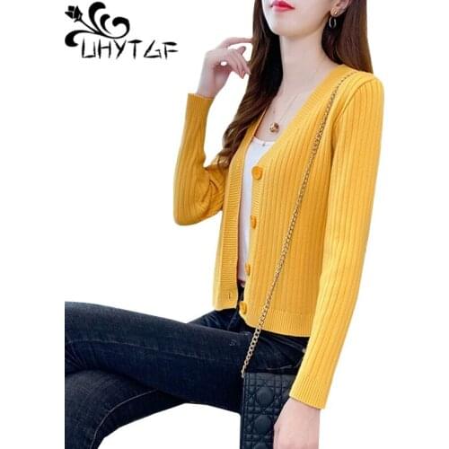 UHYTGF cardigans for women 2020 spring autumn sweater coat Pure color wild Knitted sweater women Fashion shawl short jacket 1776