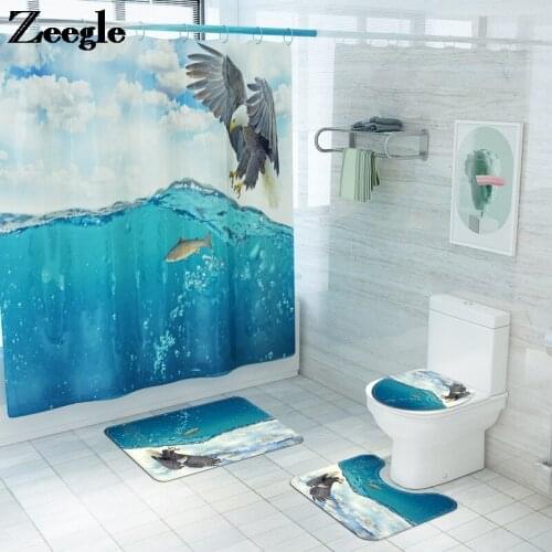 Animal Printing Toilet Mat Absorbent Toilet Seat Cover Mat Bath Mat and Waterproof Shower Curtain Set Bathroom Carpet Rug Set