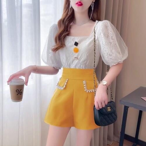 Summer high-end sense of fried street detachable tie-up bow-knot chiffon shirt versatile high-waisted wide-leg pants