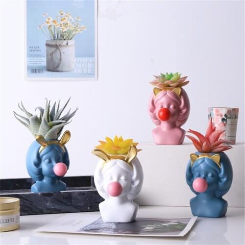 Cute Bubble Girls Pen Holder Nordic Succulent Plant Pot Makeup Brushes Holder Desktop Ornaments Kawaii Stationery Home Decor