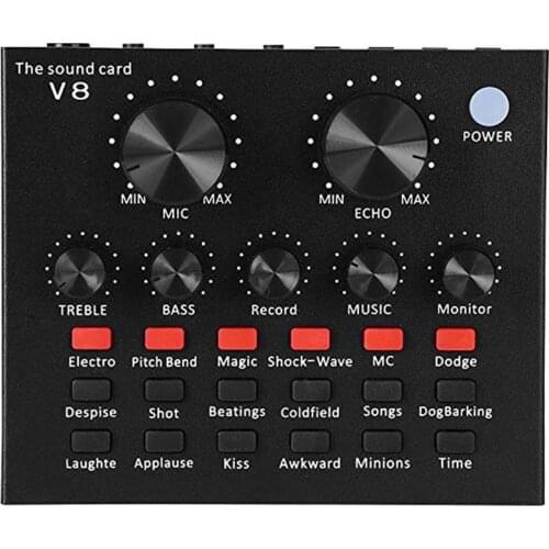 V8 Multifunctional Live Sound Card USB Audio Interface Intelligent Volume Adjustable Audio Mixer Sound Card for Recording Speech
