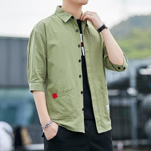 #4741 Spring Summer Military Mens Shirts Half Sleeved Solid Color 100% Cotton Casual Cargo Fashion Lapel Collar Shirts For Men