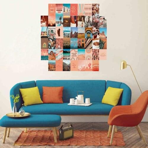 50Pcs Peach Beach Aesthetic Picture for Wall Collage Boho Style Print Kits Teal Color Living Room Dorm Decorations for Girls