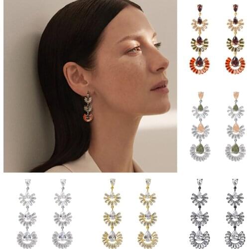 Bride Talk Chandelier Crystal Fan Shape Mix Color Dangle Earrings For Women Cubic Zirconia Wedding Drop Earring Fashion Jewelry