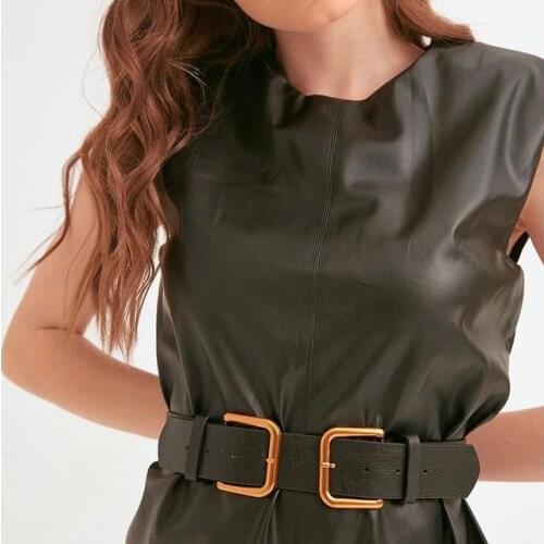 2021 New Model Women and Girls Belt 2 Buckle Luxury Golden New Design Faux Leather Belt Jeans Modern Brands