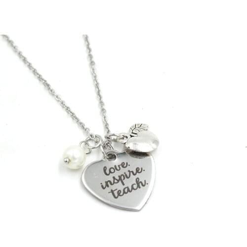 New Arrival Stainless Steel Chain Teacher Charms Necklace Engraved love inspire teach heart charms necklace Teachers Gifts