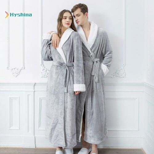 Solid Color Long Sleeve Nightgown Bathrobe Men and Women Autumn Winter Long Lovers' Warm Pajamas Flannel Coral Fleece Home Wear