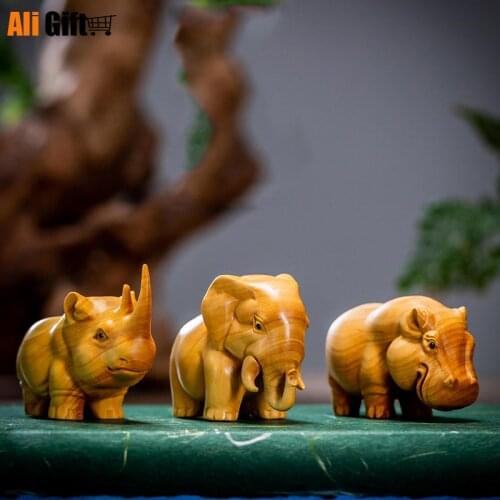 Boxwood carving handicrafts home animals decorative ornaments rhino elephant hippopotamus Statue Sculpture gift