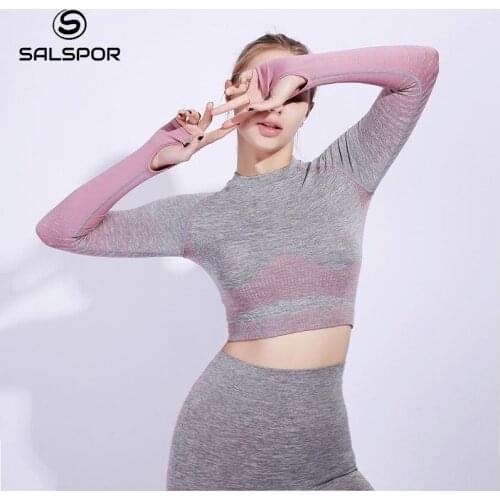 SALSPOR Long Sleeve Sporty Stripe Tops Women Seamless Fitness Tshirt High Stretch Shirts Gym Jogging Women Bodybuding Clothing