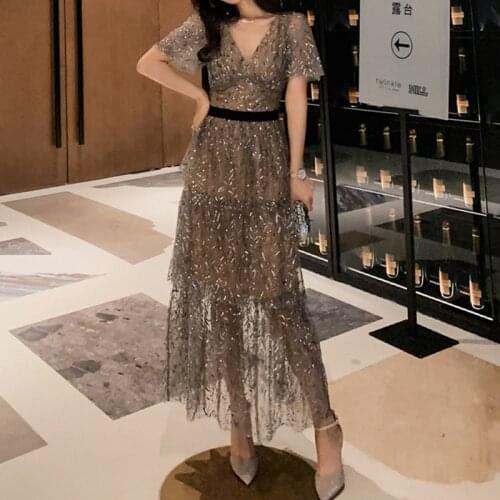 Sexy Mesh Embroidery Dress Woman V Neck High Waisted Evening Party Dresses Female Short-sleeve Sequin Bodycon Dress