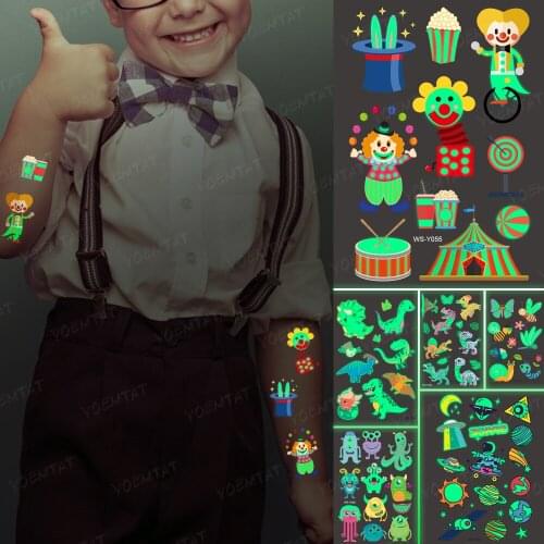 Luminous Glitter Tattoo Stickers Circus Clown Children Temporary Waterproof Festival Tatto Body Art Cute Kid Cartoon Fake Tatoo