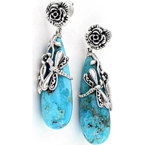 Vintage Teardrop Natural Blue Stone Earrings Ethnic Accessories Antique Metal Flower Dragonfly Drop Dangle Earrings