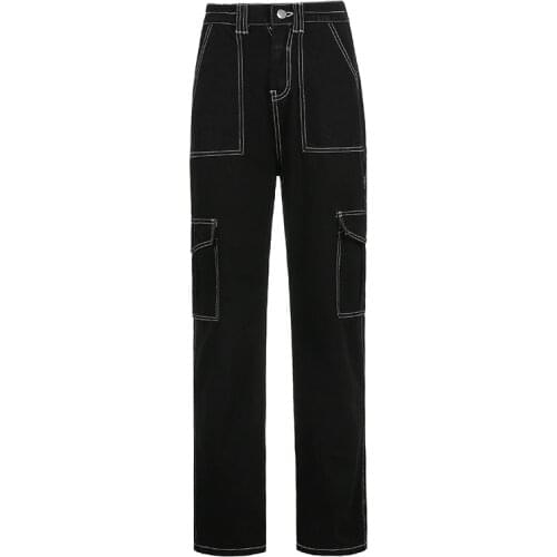 2021 Spring Autumn Women Black Jeans Fashion Pockets Streetwear Cotton High Waist Straight Denim Trouser Loose Pants Harajuku