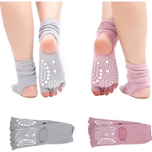 2 Pair Womens Yoga Socks with Open Heel Five Finger Sports Knee High Cotton Socks Silicone Anti-skid Half Toes Pilates Barre