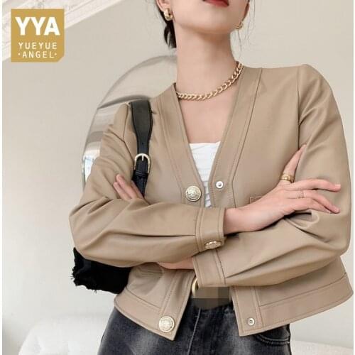 Women Real Leather Sheepskin Jacket Brand Elegant V-Neck Short Coat Spring Autumn Office Lady Single Breasted Full Sleeve Jacket