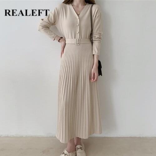 REALEFT Autumn Winter Single Breasted Elegant Knitting A-Line Dress with Belted Long Sleeve V-Neck Office Sweater Dress Female