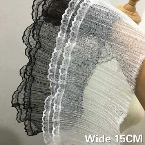15CM Wide White Black Double Layers Mesh Yarn Pleated Lace Fringe Trim Embroidered Ribbon Dress Curtains Sewing Splicing Decor