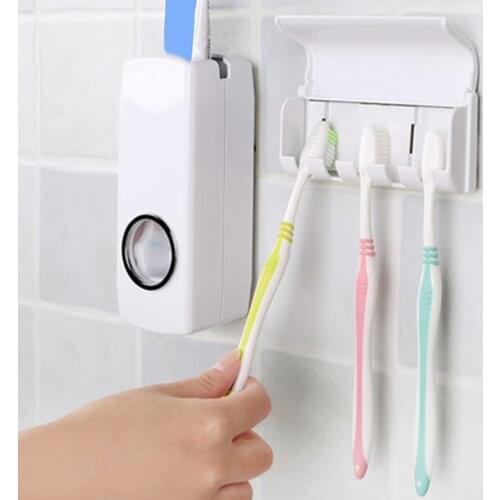 Fashion Automatic Toothpaste Dispenser With Five Toothbrush Holder Stand Wall Mount Bathroom Toothbrush Family Sets Rack