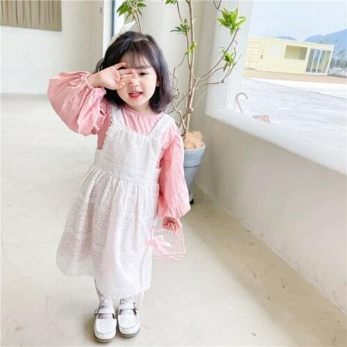 Puff Sleeve Spring Summer Childrens Clothes Set Baby Girls Blouse + Dress 2pcs/Set Kids School Beach Outdoor Teenage Girl Cloth